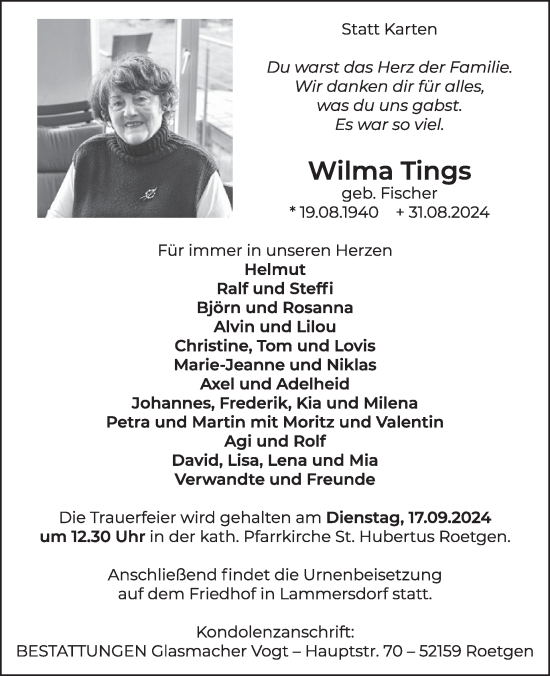 Traueranzeige von Wilma Tings von WochenSpiegel