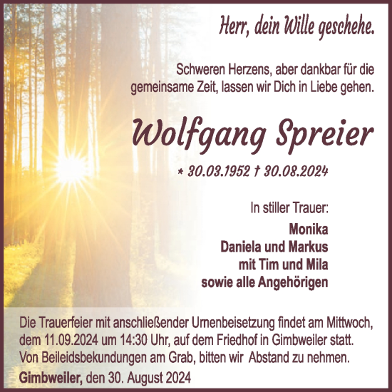 Traueranzeige von Wolfgang Spreier von WochenSpiegel