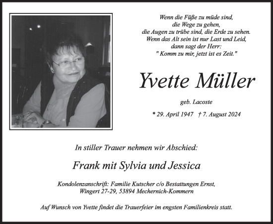 Traueranzeige von Yvette Müller von WochenSpiegel