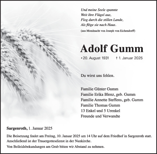 Traueranzeige von Adolf Gumm von WochenSpiegel