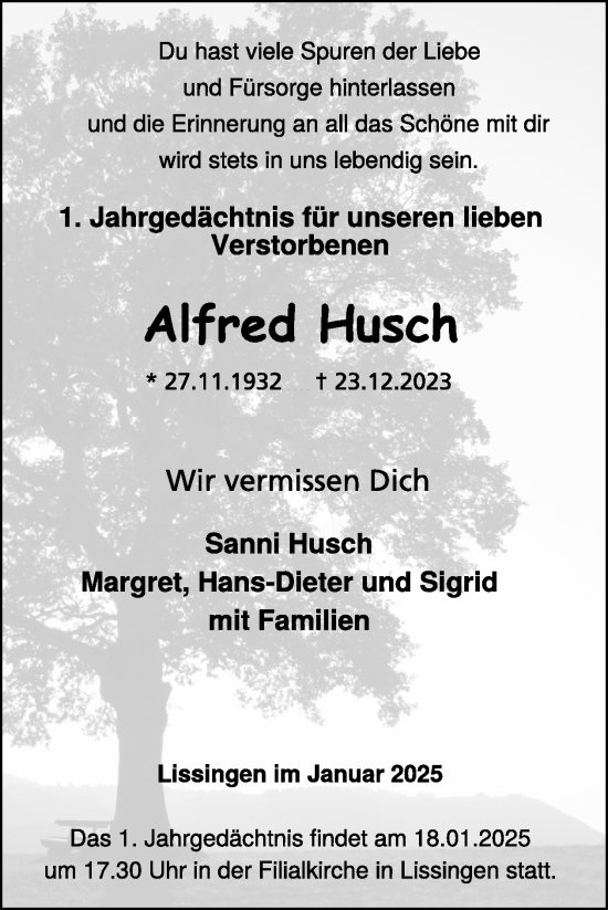 Traueranzeige von Alfred Husch von WochenSpiegel