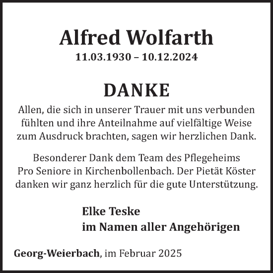 Traueranzeige von Alfred Wolfarth von WochenSpiegel