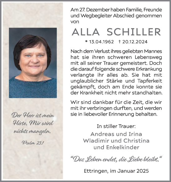 Traueranzeige von Alla Schiller von WochenSpiegel