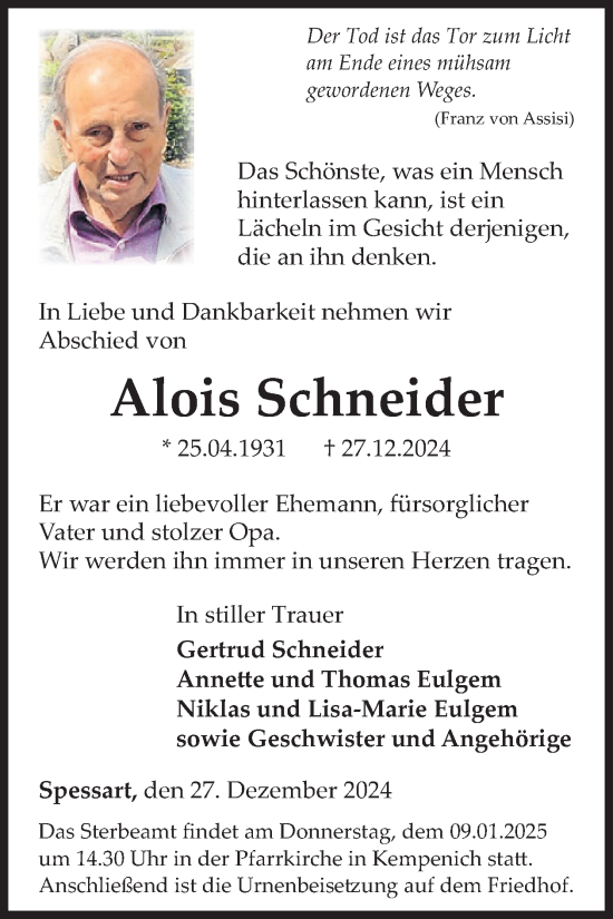 Traueranzeige von Alois Schneider von WochenSpiegel