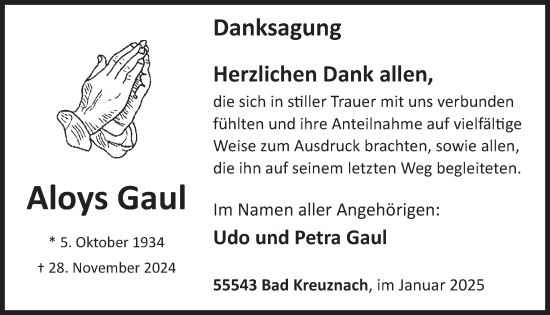 Traueranzeige von Aloys Gaul von WochenSpiegel