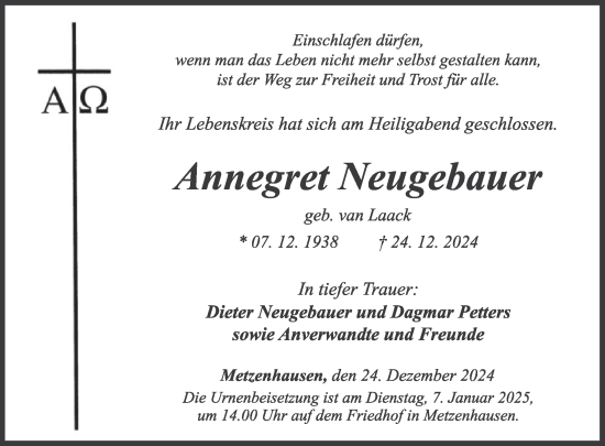 Traueranzeige von Annegret Neugebauer von WochenSpiegel