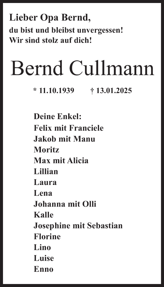 Traueranzeige von Bernd Cullmann von WochenSpiegel