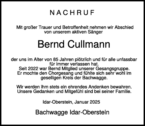 Traueranzeige von Bernd Cullmann von WochenSpiegel