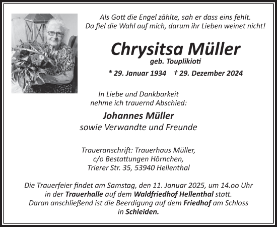 Traueranzeige von Chrysitsa Müller von WochenSpiegel