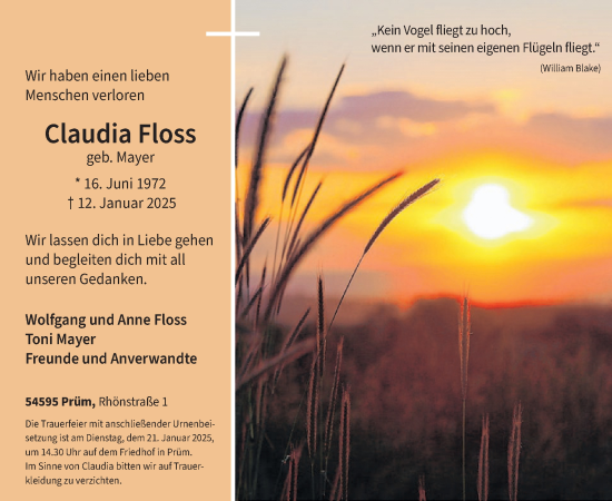 Traueranzeige von Claudia Floss von WochenSpiegel