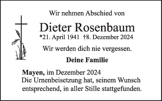 Traueranzeige von Dieter Rosenbaum von WochenSpiegel