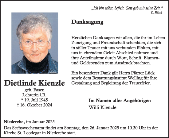 Traueranzeige von Dietlinde Kienzle von WochenSpiegel