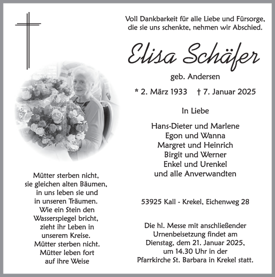 Traueranzeige von Elisa Schäfer von WochenSpiegel