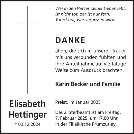 Traueranzeige von Elisabeth Hettinger von WochenSpiegel