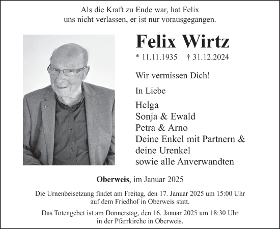 Traueranzeige von Felix Wirtz von WochenSpiegel