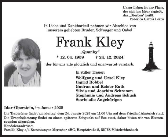 Traueranzeige von Frank Kley von WochenSpiegel