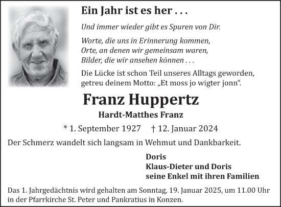 Traueranzeige von Franz Huppertz von WochenSpiegel