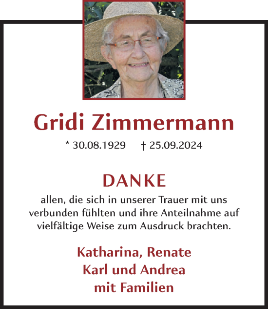 Traueranzeige von Gridi Zimmermann von WochenSpiegel