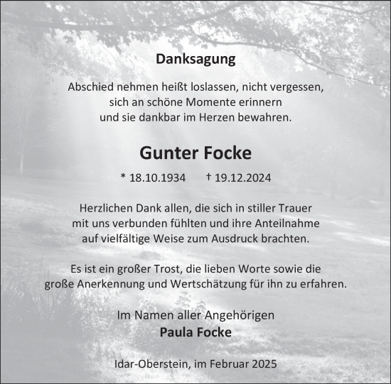 Traueranzeige von Gunter Focke von WochenSpiegel