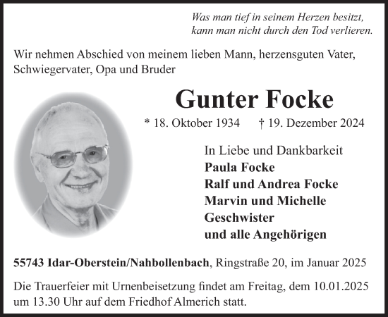 Traueranzeige von Gunter Focke von WochenSpiegel