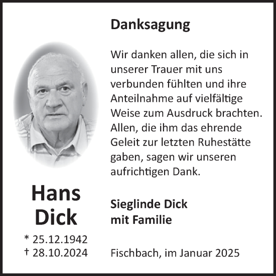 Traueranzeige von Hans Dick von WochenSpiegel