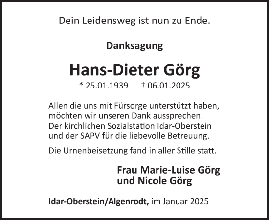 Traueranzeige von Hans-Dieter Görg von WochenSpiegel