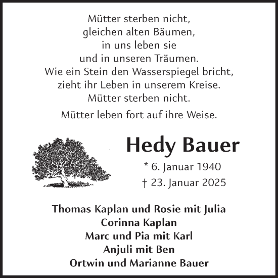 Traueranzeige von Hedy Bauer von WochenSpiegel