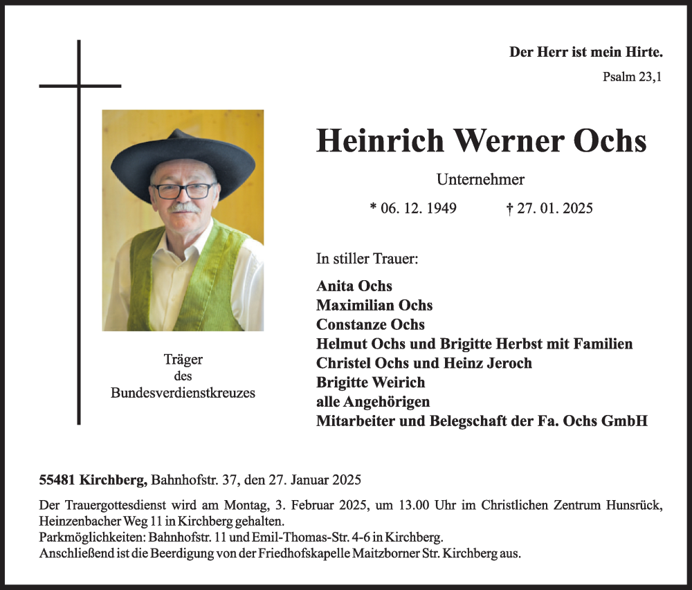 Traueranzeigen von Heinrich Werner Ochs | WochenSpiegel Trauer