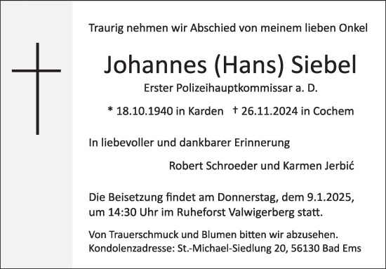 Traueranzeige von Johannes Siebel von WochenSpiegel