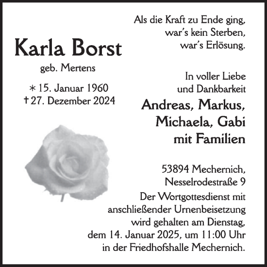 Traueranzeige von Karla Borst von WochenSpiegel