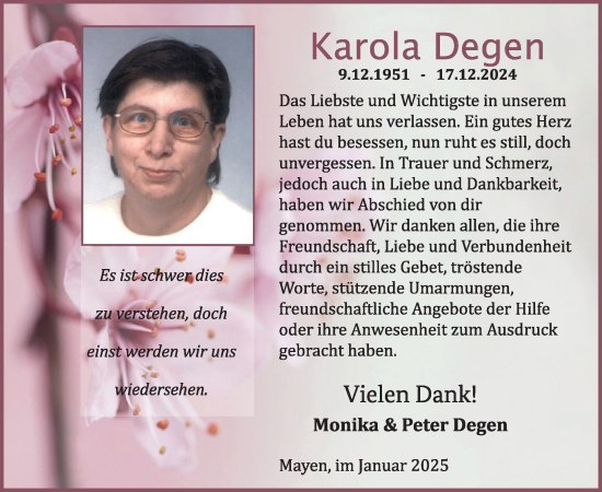 Traueranzeige von Karola Degen von WochenSpiegel