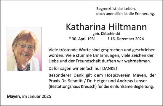 Traueranzeige von Katharina Hiltmann von WochenSpiegel