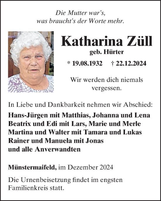 Traueranzeige von Katharina Züll von WochenSpiegel