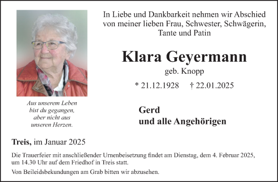 Traueranzeige von Klara Geyermann von WochenSpiegel