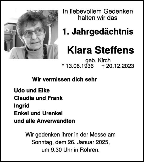 Traueranzeige von Klara Steffens von WochenSpiegel