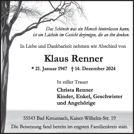 Traueranzeige von Klaus Renner von WochenSpiegel