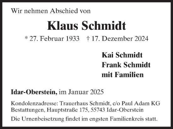 Traueranzeige von Klaus Schmidt von WochenSpiegel