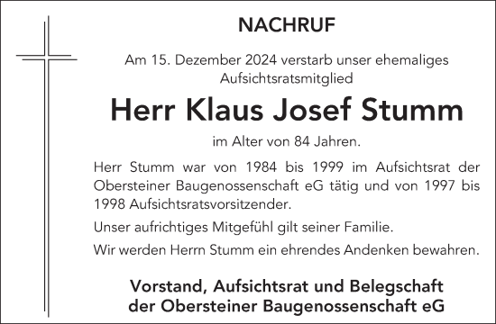 Traueranzeige von Klaus Josef Stumm von WochenSpiegel