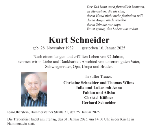 Traueranzeige von Kurt Schneider von WochenSpiegel