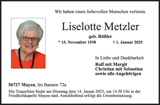 Traueranzeige von Liselotte Metzler von WochenSpiegel