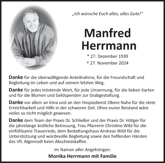 Traueranzeige von Manfred Herrmann von WochenSpiegel