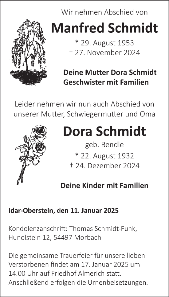 Traueranzeige von Manfred und Dora Schmidt von WochenSpiegel