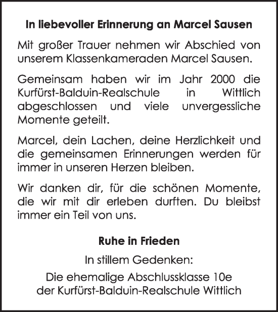 Traueranzeige von Marcel Sausen von WochenSpiegel