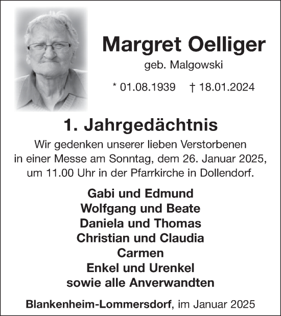 Traueranzeige von Margret Oelliger von WochenSpiegel