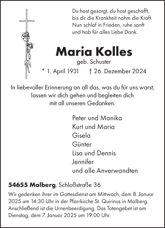 Traueranzeige von Maria Kolles von WochenSpiegel