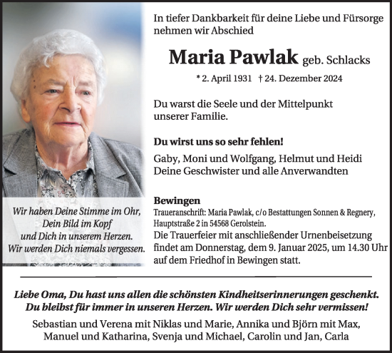 Traueranzeige von Maria Pawlak von WochenSpiegel