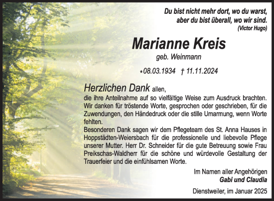 Traueranzeige von Marianne Kreis von WochenSpiegel