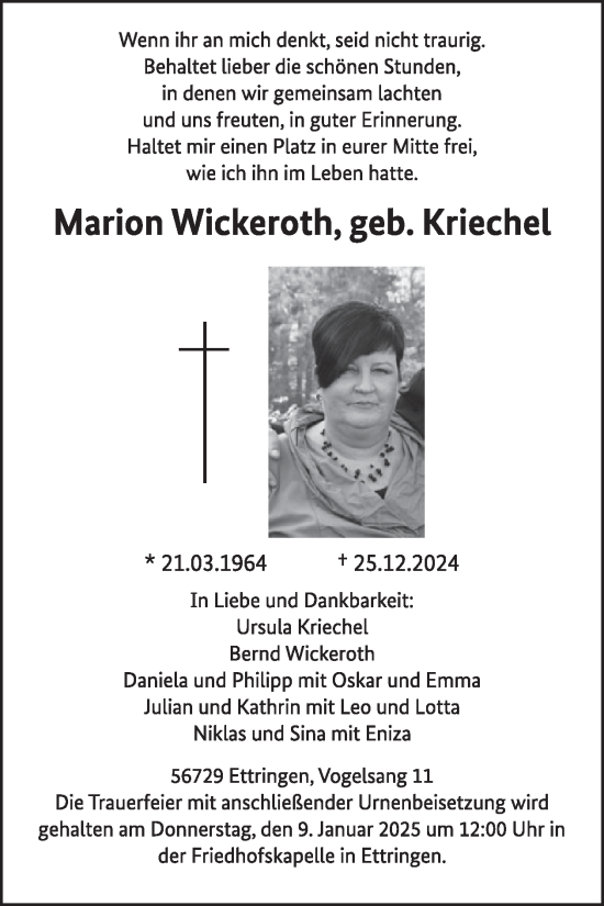 Traueranzeige von Marion Wickeroth von WochenSpiegel