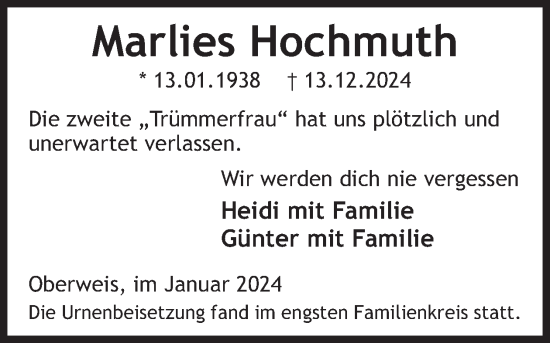 Traueranzeige von Marlies Hochmuth von WochenSpiegel