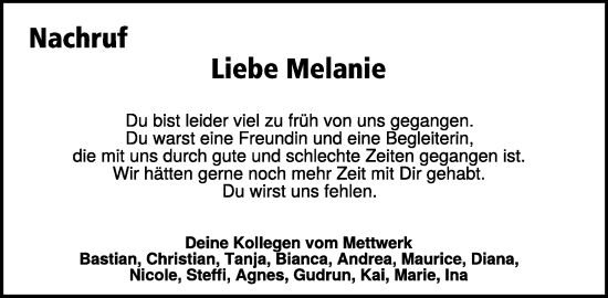 Traueranzeige von Melanie  von WochenSpiegel